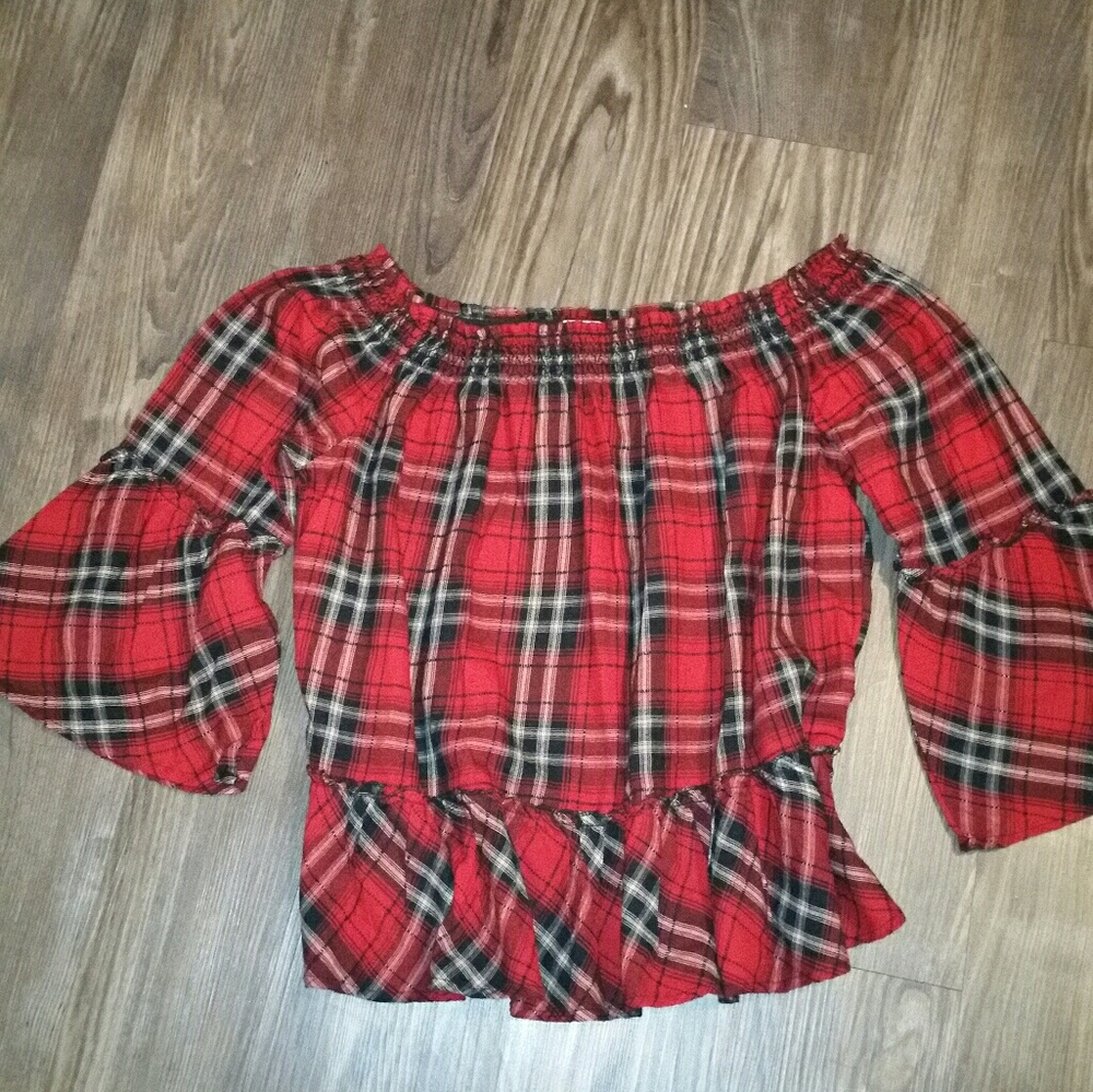 Red plaid off the shoulder shirt